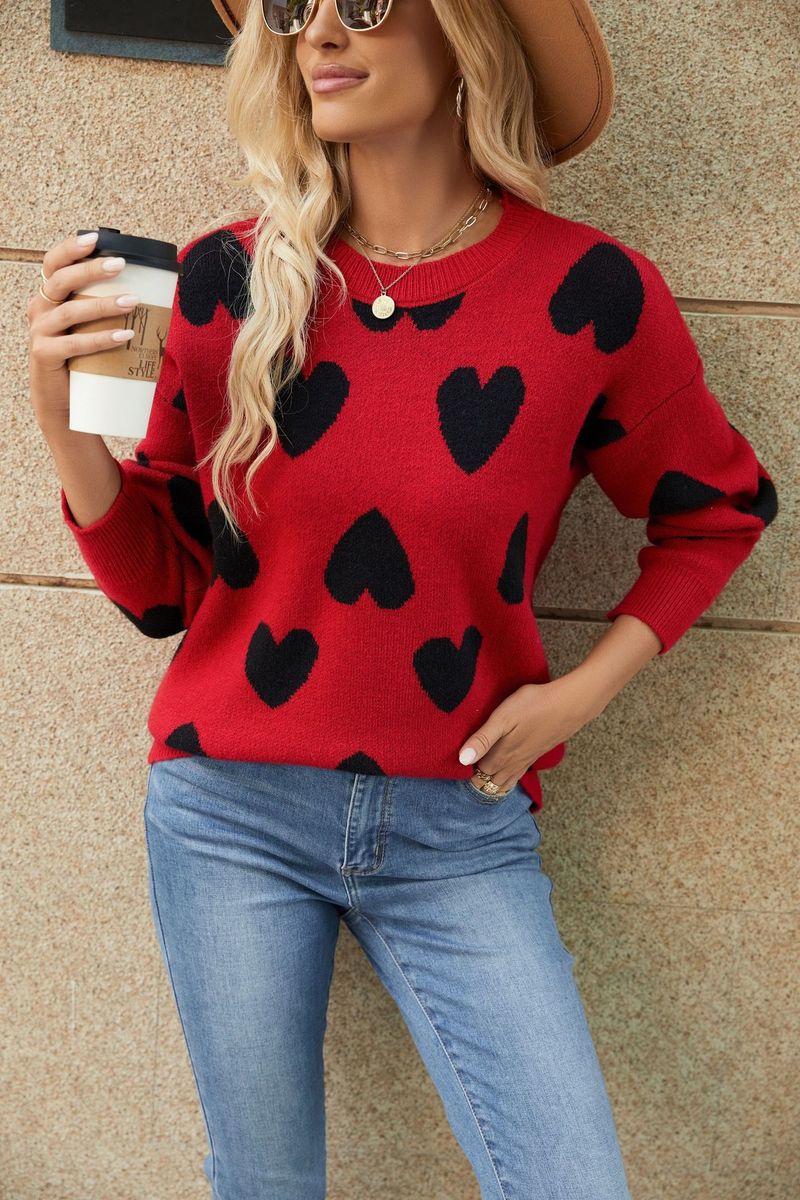 Pull en tricot pour femme avec motif cœur, col rond surdimensionné, manches longues, confortable et décontracté, idéal pour l'automne et l'hiver_voghion.com