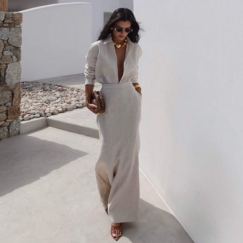 K Nuovo elegante set di due pezzi con camicia a maniche lunghe con colletto e gonna snellente a vita alta_voghion.com