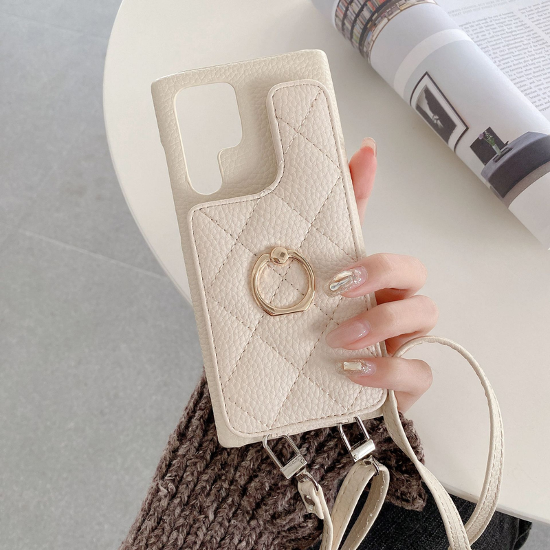 Mobile phone case for Samsung S23u rhombus card ring buckle holder mobile phone case GalaxyS22 litchi pattern half package foreign trade_voghion.com