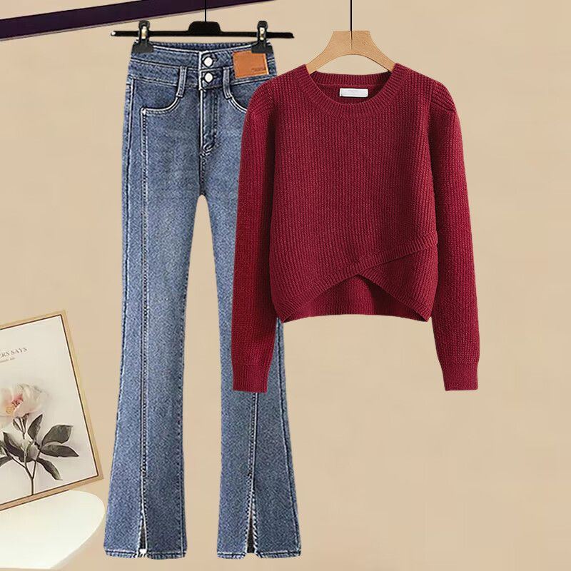 Conjunto de suéter de malha e calça jeans flare feminino para outono e inverno - corte justo, confortável e estiloso (várias opções de cores)_voghion.com