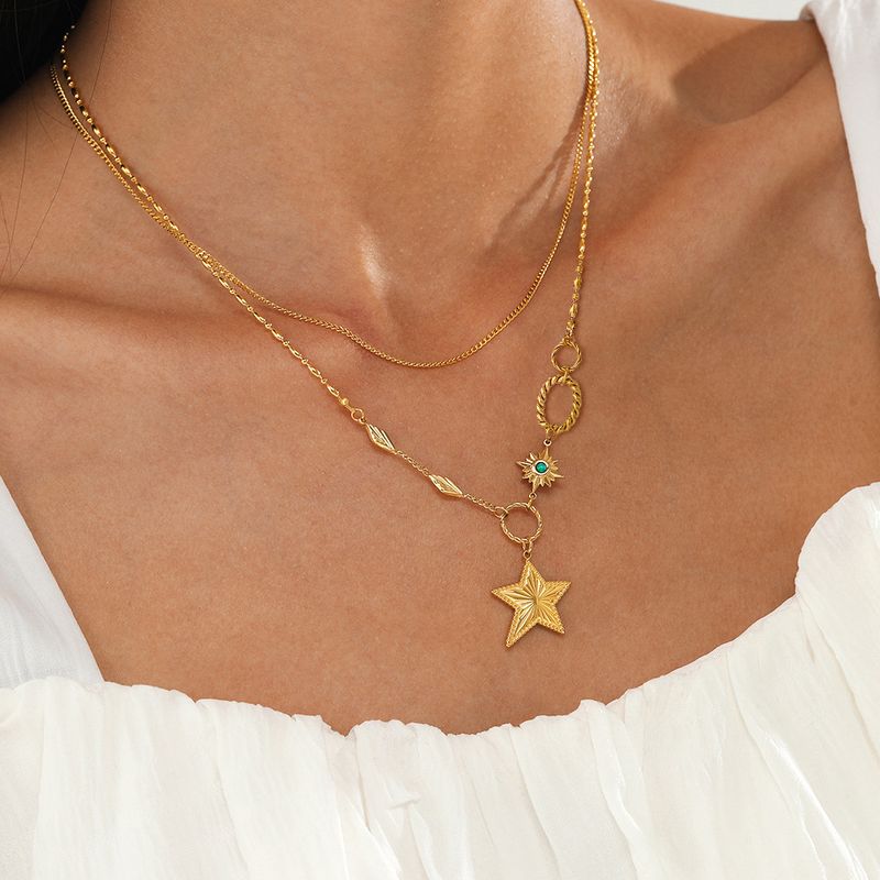Collana in acciaio inossidabile a forma di stella a cinque punte in oro 14K a doppio strato per donna, stile Ins, design geometrico di nicchia_voghion.com