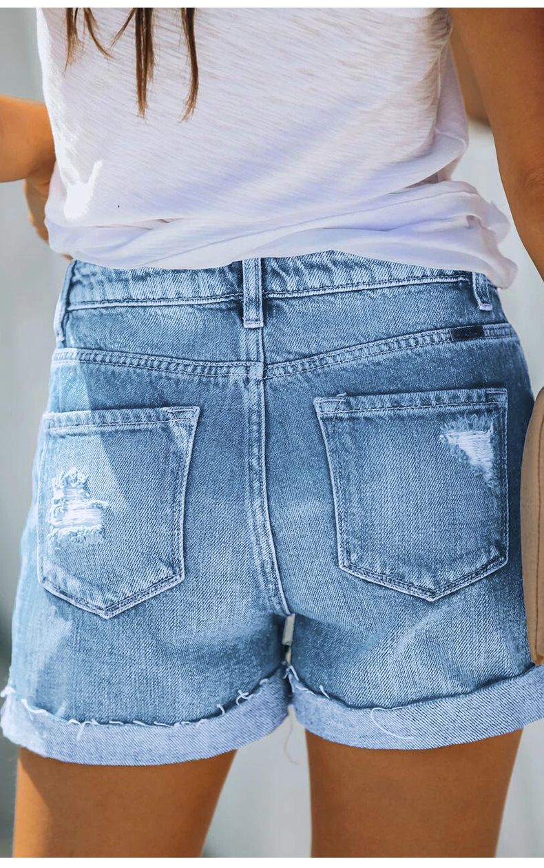 Damenbekleidung Elastische perforierte Denim-Shorts Lässige Jeans Modische Hosen_voghion.com
