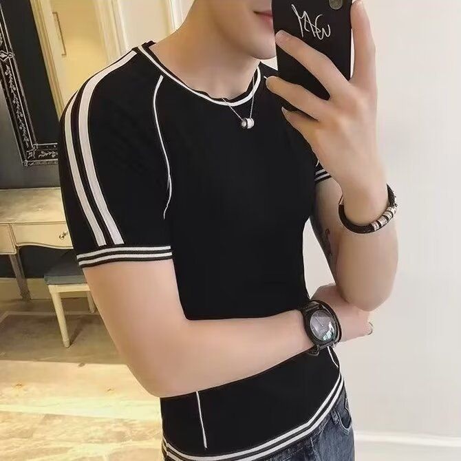 Herrenbekleidung Sense Ribbon Line Farblich passender Kurzarmpullover Herren Sommer Trendy Brand Inner Strickpullover Herren Dünnes Basishemd_voghion.com