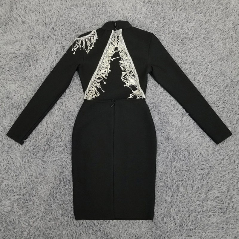 Sexy rückenfreies Kleid mit Perlenkette, langärmliger kurzer Rock_voghion.com