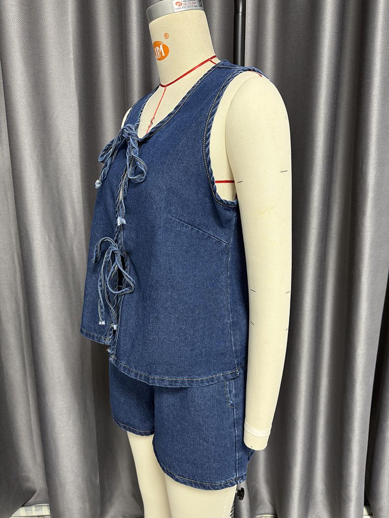 Chaleco vaquero corto de cintura alta con cordones y sin mangas para mujer, estilo informal de verano_voghion.com