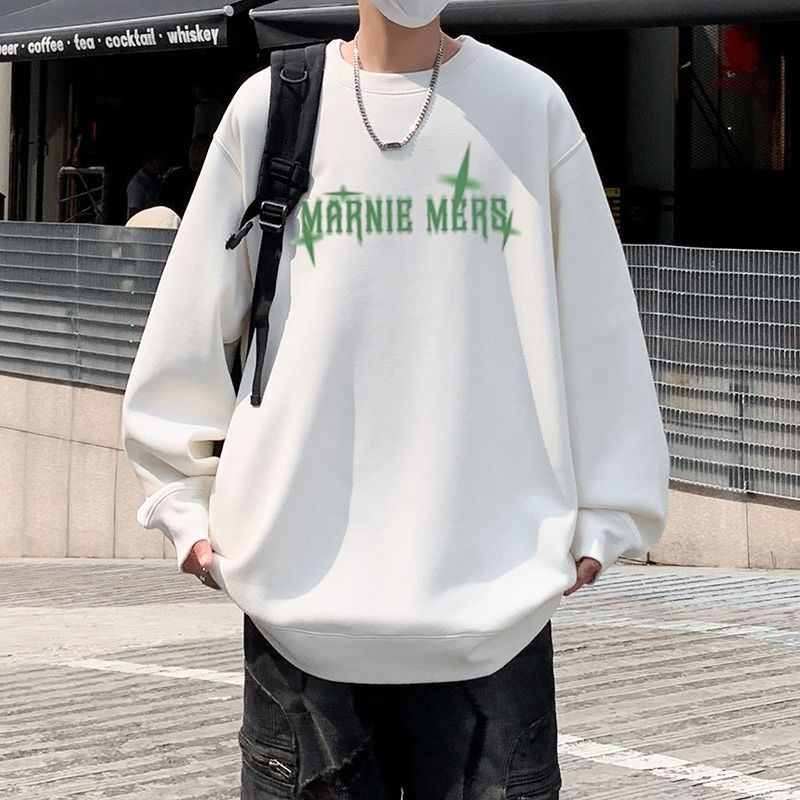 Felpa girocollo primaverile e autunnale da uomo, maglietta con spalle scese stampate, giacca ampia senza cappuccio, coppia alla moda_voghion.com