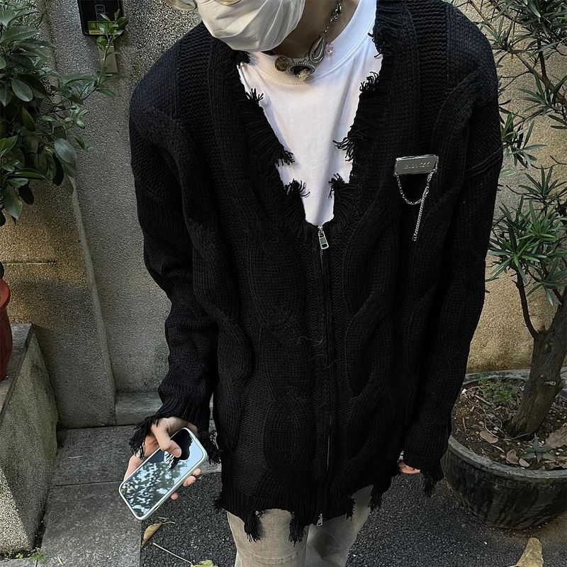 American High Street Frayed Distressed Metallic Color-Block V-Neck Cardigan Sweater Unisex Knitted Jacket Couple Ins_voghion.com