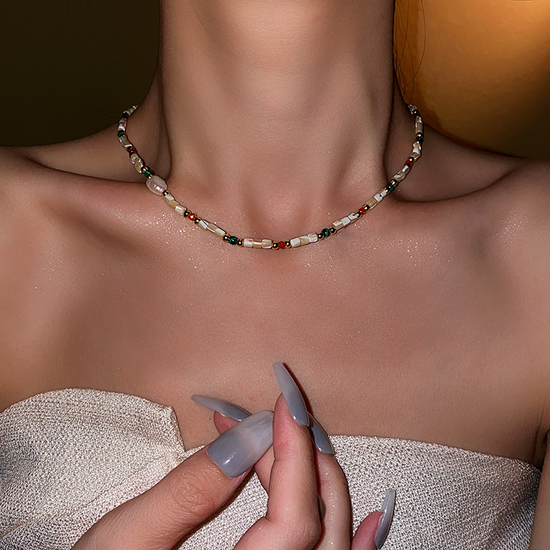Baroque freshwater pearl colored natural stone necklace with a minimalist temperament, collarbone chain, light luxury,_voghion.com