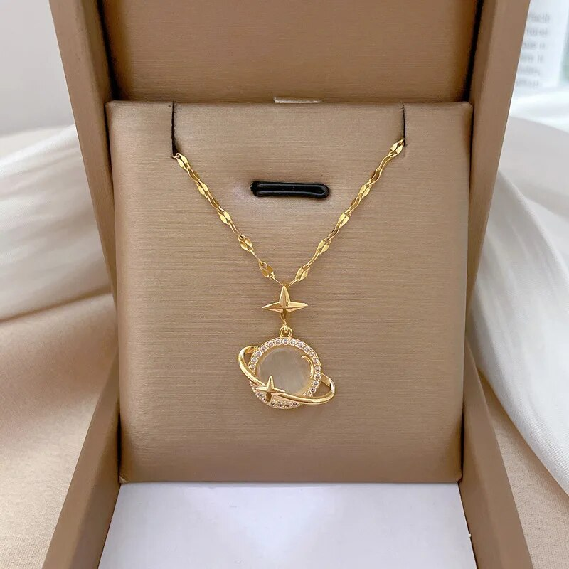 Stainless Steel Gold Color Opal Planet Star Pendant Necklace For Women Girl Elegant Jewelry Party Gift Wholesale_voghion.com