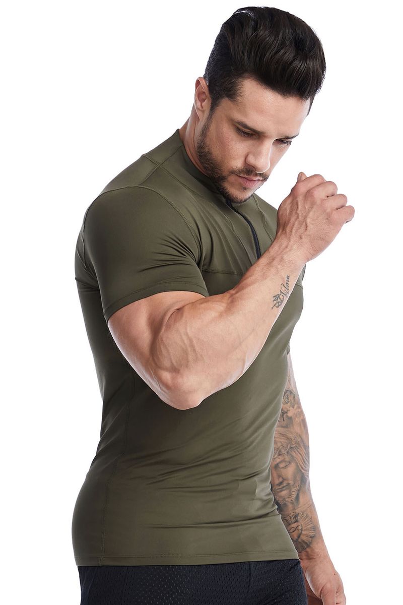 Vêtements de fitness Sigutu pour hommes, vêtements d'été à fermeture éclair, col montant, vêtements moulants PRO, course à pied, séchage rapide, manches courtes, sport_voghion.com
