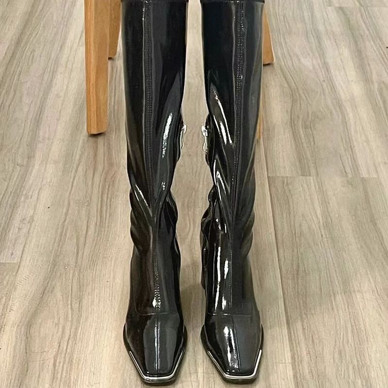 Stivali lunghi invernali Kendall Jenner con punta quadrata, tacco grosso, a metà polpaccio, nuovi stivali alti in pelle verniciata metallizzata, modello Knight, 26ss_voghion.com