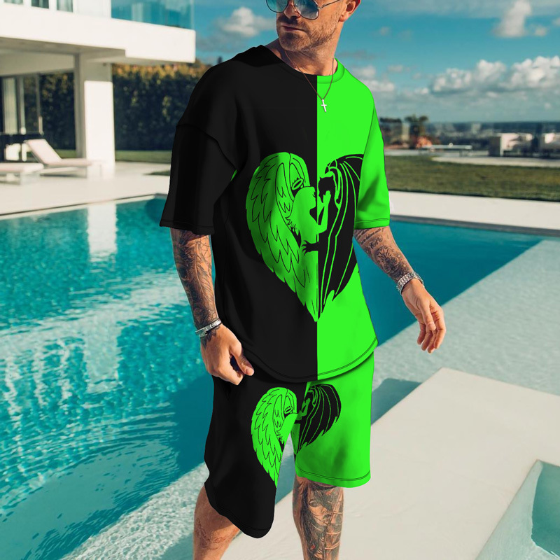 Heren zomer shorts losse casual korte mouwen met kleur blokkering KING bedrukt T-shirt set_voghion.com