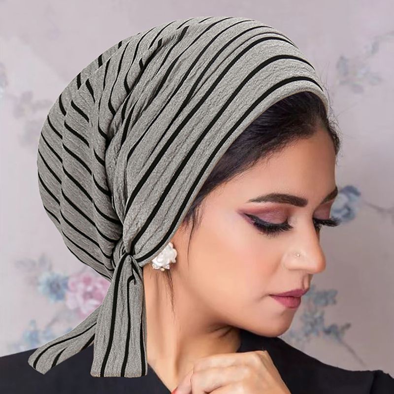 striped Long Tailed Bandage Headscarf Chemotherapy Cap Wavy Pattern Ladies Hat_voghion.com