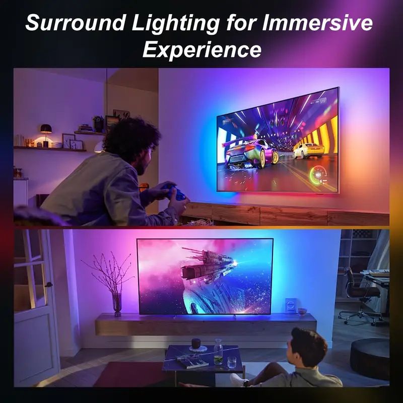 Striscia di luce ambientale LED RGB Smart TV Sync - Mirroring dello schermo con sincronizzazione della fotocamera, telecomando a 24 tasti e controllo Bluetooth, 5050 SMD RGBIC, certificazione CE_voghion.com