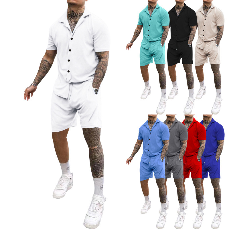 Set 2023 Summer Men's New Solid Color Casual Turn-down Collar Short Sleeve Shirt For Men_voghion.com