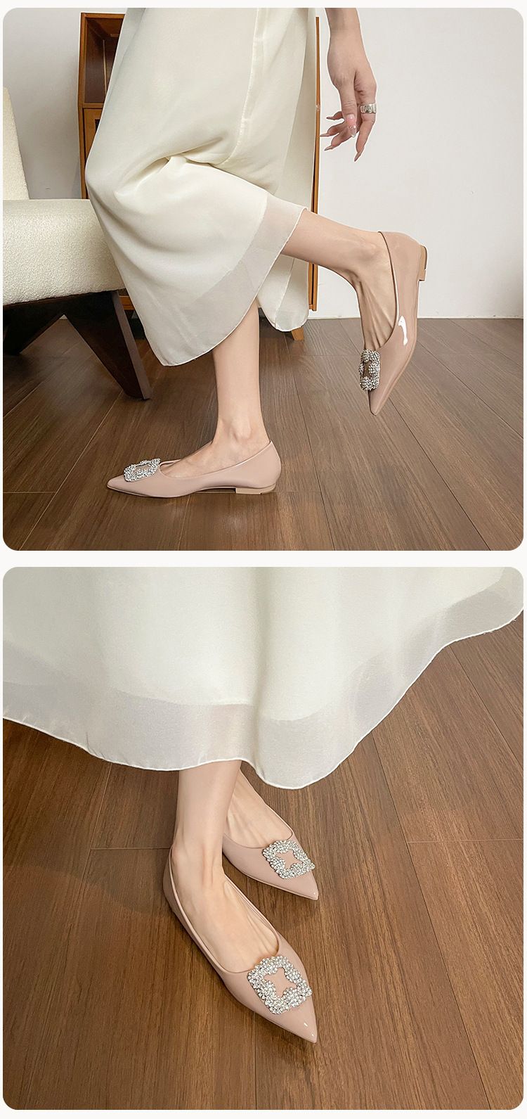 Zapatos franceses sencillos y poco profundos para mujer, zapatos planos de hada con un solo pedal y punta de diamantes de imitación para boda._voghion.com