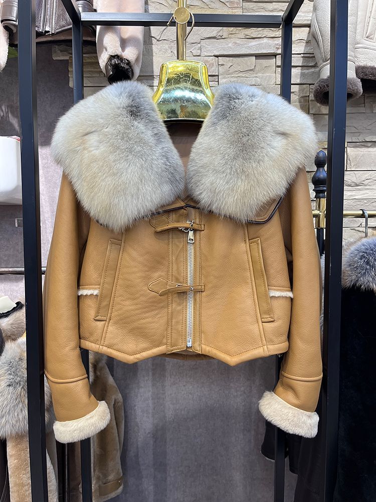 Cappotto invernale da donna in vera pelliccia di pecora merino naturale con collo in pelliccia di volpe, giacca in vera pelle, spessa, calda e di lusso_voghion.com