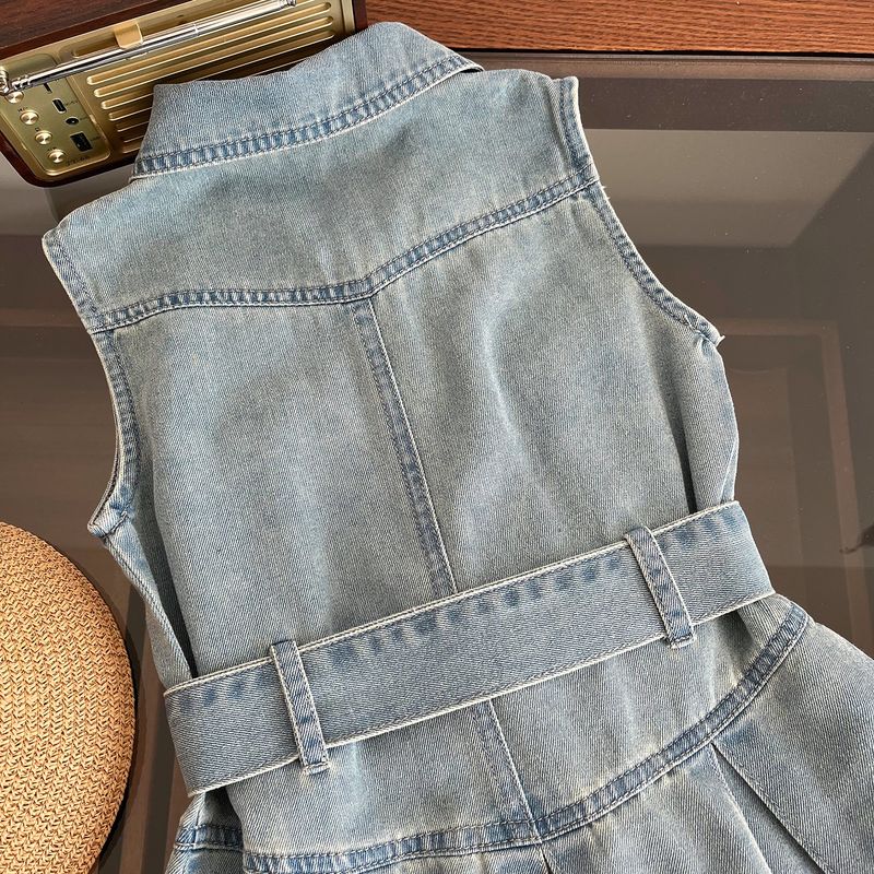 Abito in denim senza maniche in vita con risvolto per ragazze coreane estive 2024 per mamma e bambini_voghion.com