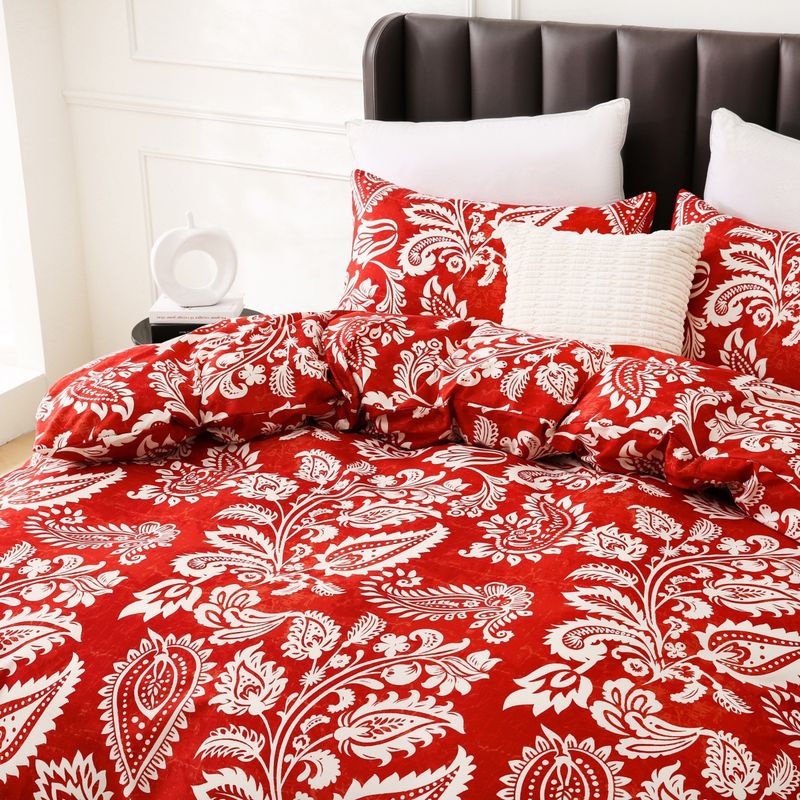 Parure de lit trois pièces en tissu textile doux avec housse de couette imprimée Perris rouge_voghion.com