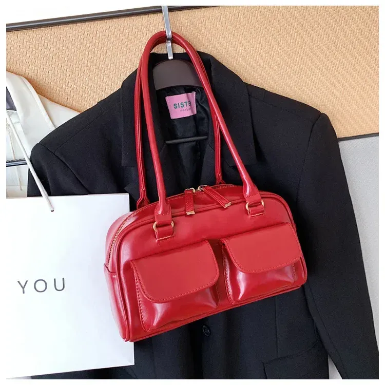 Borsa a tracolla da donna rossa retrò, in pelle verniciata, multitasche, da donna, a tracolla, sottobraccio, tote bag_voghion.com