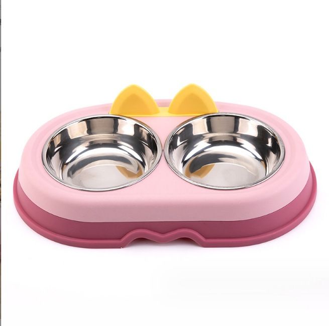 Cartoon Food Slow Feeder Standing Ears Stainless Steel Double Cat Dog Pet Bowl Non-Slip Feeding_voghion.com