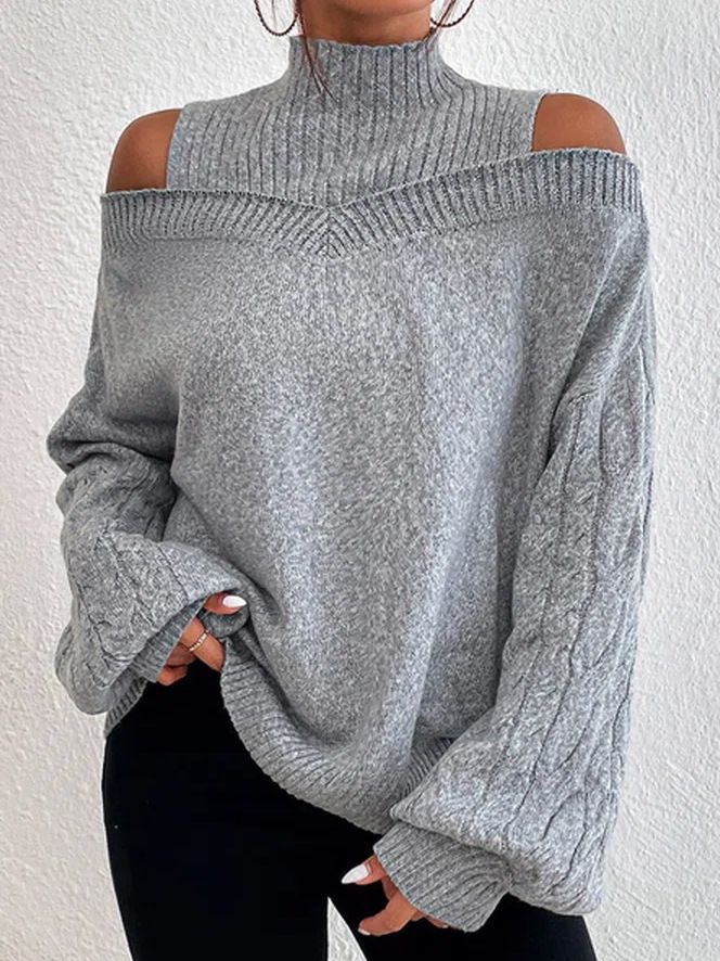 Damenbekleidung schulterfreier Pullover Damenpullover Herbst und Winter neuer lockerer halbhoher Kragen Laternenärmel Strickpullover_voghion.com
