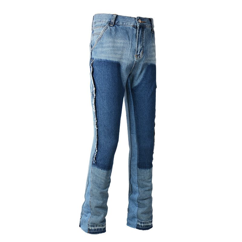 Men's Clothing men's patchwork contrast color distressed slightly flared washed jeans flared jeans_voghion.com