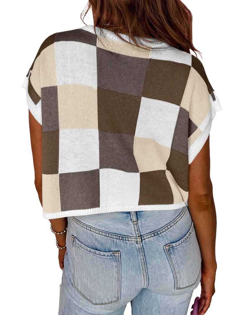 Women's Cropped Short Sleeve Knit Sweater With Color Block & Checkerboard Design - Round Neck, Oversized Fit, Breathable Fabric_voghion.com