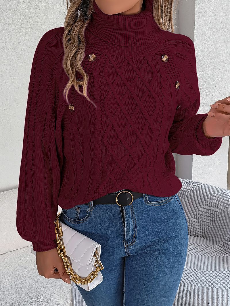 Maglione pullover da donna alla moda, con collo alto, maniche a lanterna, in maglia a trecce, casual, tinta unita, autunno inverno 2025_voghion.com