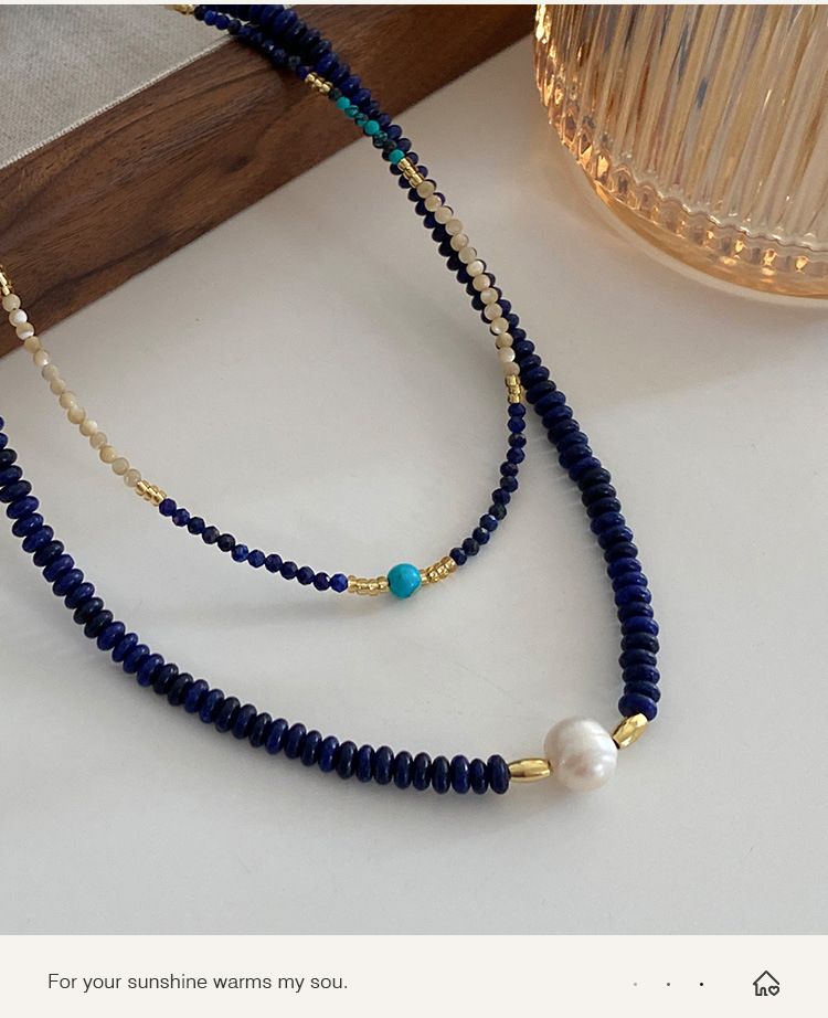 Collana di perle in pietra naturale fatta a mano con perle di lapislazzuli, girocollo bohémien a strati per outfit casual ed eleganti._voghion.com