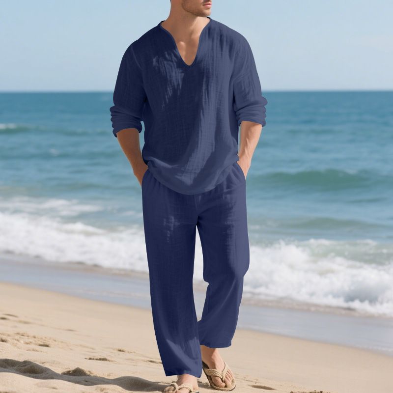 Pantaloni da uomo a maniche lunghe in lino casual americano con scollo a V, modello autunnali e larghi, da spiaggia, da uomo_voghion.com