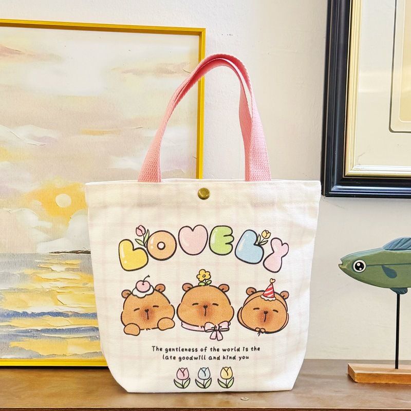 Canvas Bucket Bag For Women, Birthday Lunch Small Handheld Cute Portable Tote Bag, Capybara_voghion.com