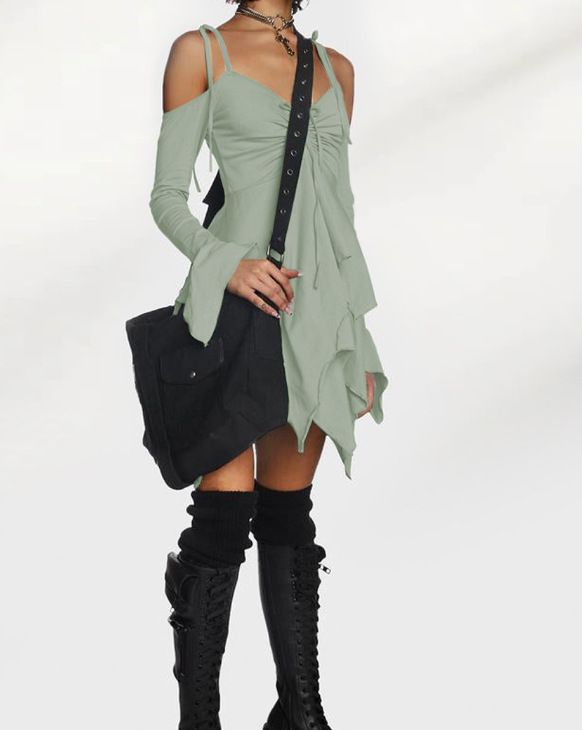 Ropa de mujer estilo gótico sexy de seda color leche, ropa de mujer con hombros descubiertos, manga larga, cintura alta, falda con tirantes y vestido con volantes._voghion.com