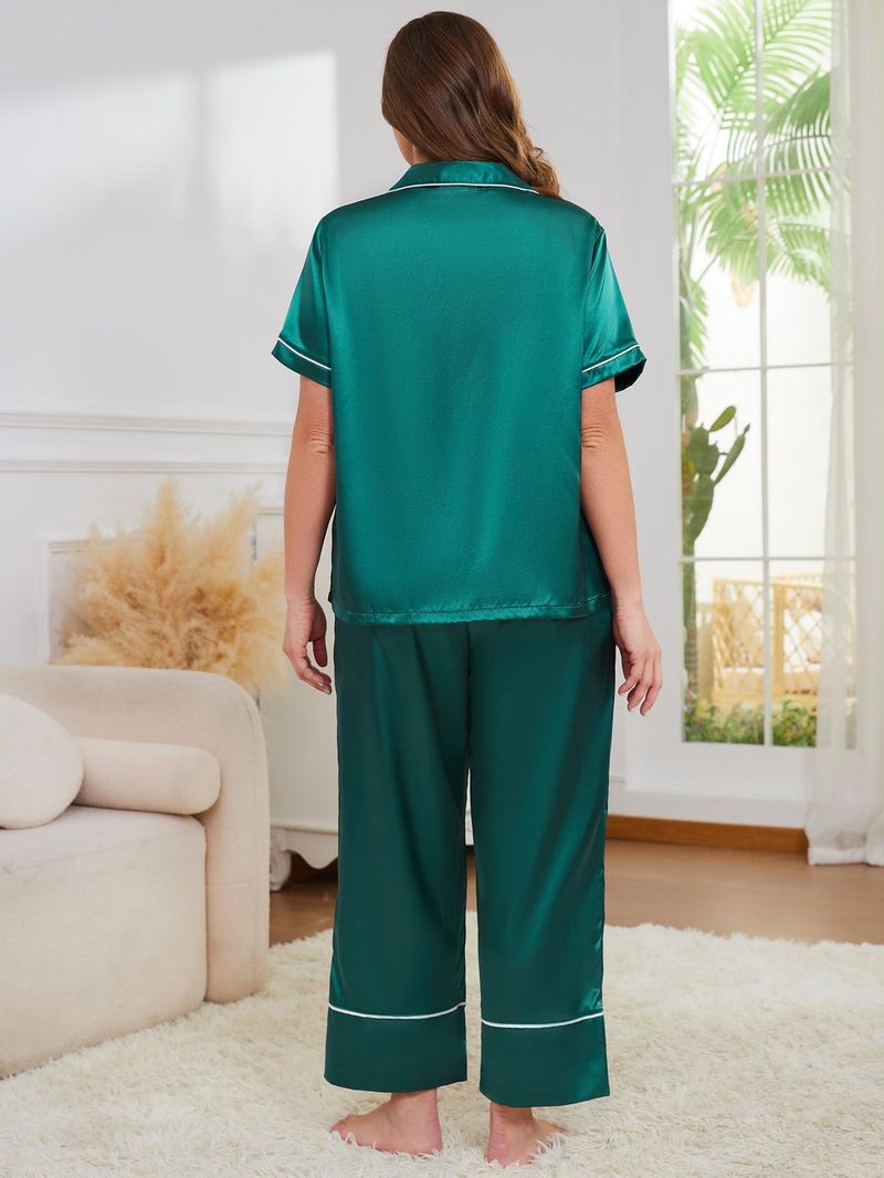 Pigiama da donna di grandi dimensioni, estivo, semplice, casual, in seta, a maniche corte, con pantaloni, abbigliamento per la casa, set da due pezzi_voghion.com