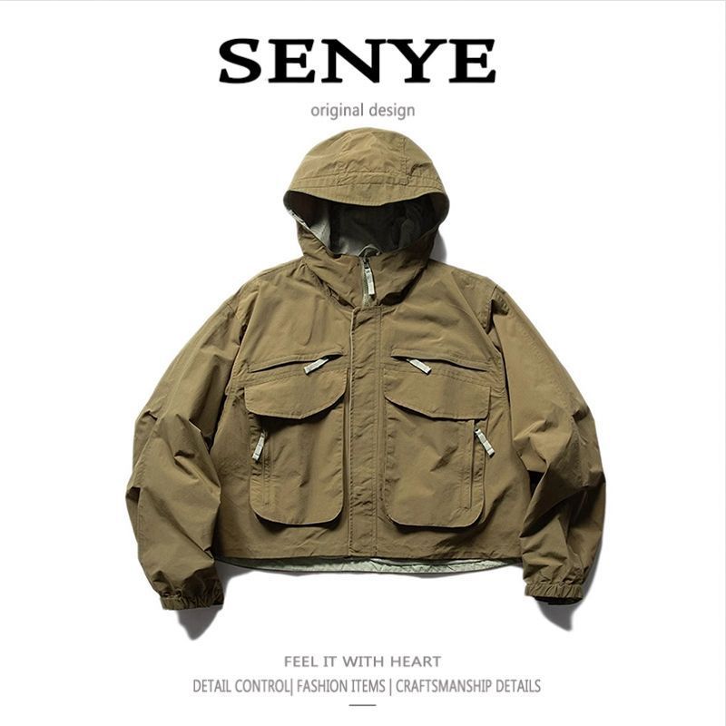 Men's Clothing Retro Hooded Work Jacket Multiple Pockets Short Jacket Silhouette Functional Loose Coat Fashion_voghion.com