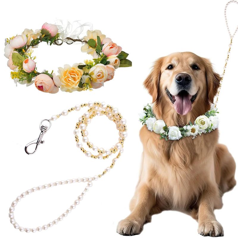 2025 New Pet Simulation Flower Collar Dog Necklace With Pearl Leash Set For Wedding Photoshoot_voghion.com