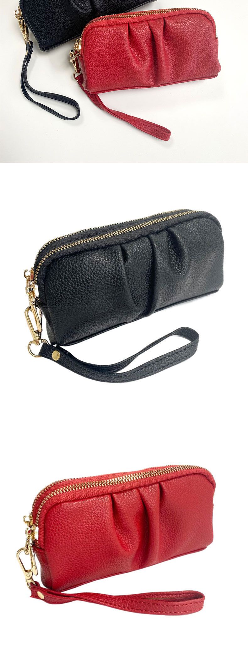 Populär geplitzte Clutch fir Fraen, elegant Handtasche, echt Liedertextur, duebele Reißverschluss, Dammeportemonnaie, héichwäerteg Handytasche_voghion.com