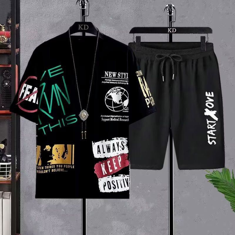 Ice Silk Summer Men's Korean Style Casual Comfortable Basketball Beach Sports T-Shirt Short Sleeve Two-Piece Set_voghion.com