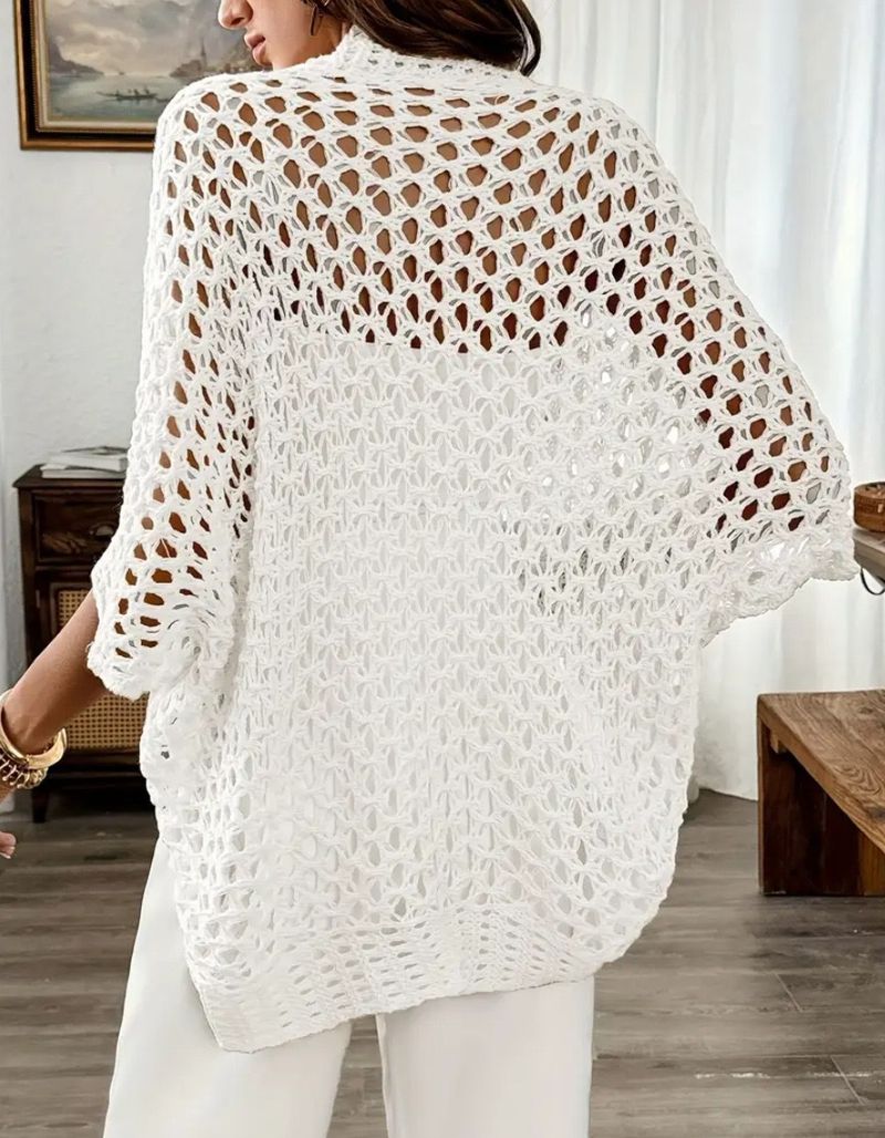 Maglione da spiaggia con lacci e maglia – Top da vacanza all'uncinetto con trafori (XS-XL, bianco/nero/albicocca/rosso)_voghion.com