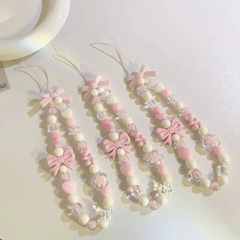 Catenina per telefono con ciondolo carino coreano a forma di orso, cuore, fiocco, per iPhone, da donna e da ragazza, con cordino e perline._voghion.com
