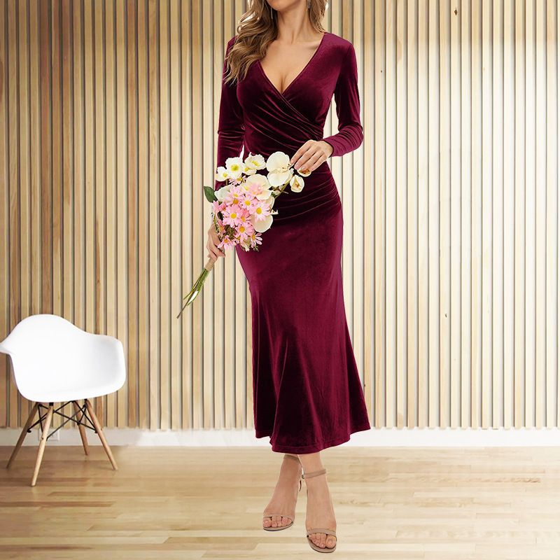 Damenbekleidung V-Ausschnitt Hüftrock Schlank Elegant Temperament Fischschwanzkleid Abendkleid_voghion.com