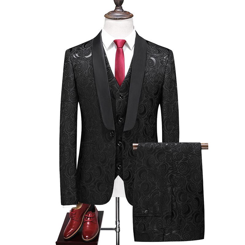 CT Jaarrond Heren Slim Fit Bruiloft Casual Pak Driedelige Set Smokingjasje Zwart_voghion.com