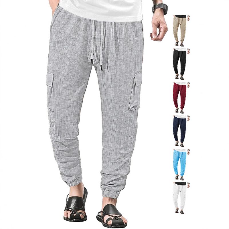 Premium Products Summer Thin Loose Breathable Micro Elastic Tie Rope Checkered Men's Casual Work Pants_voghion.com