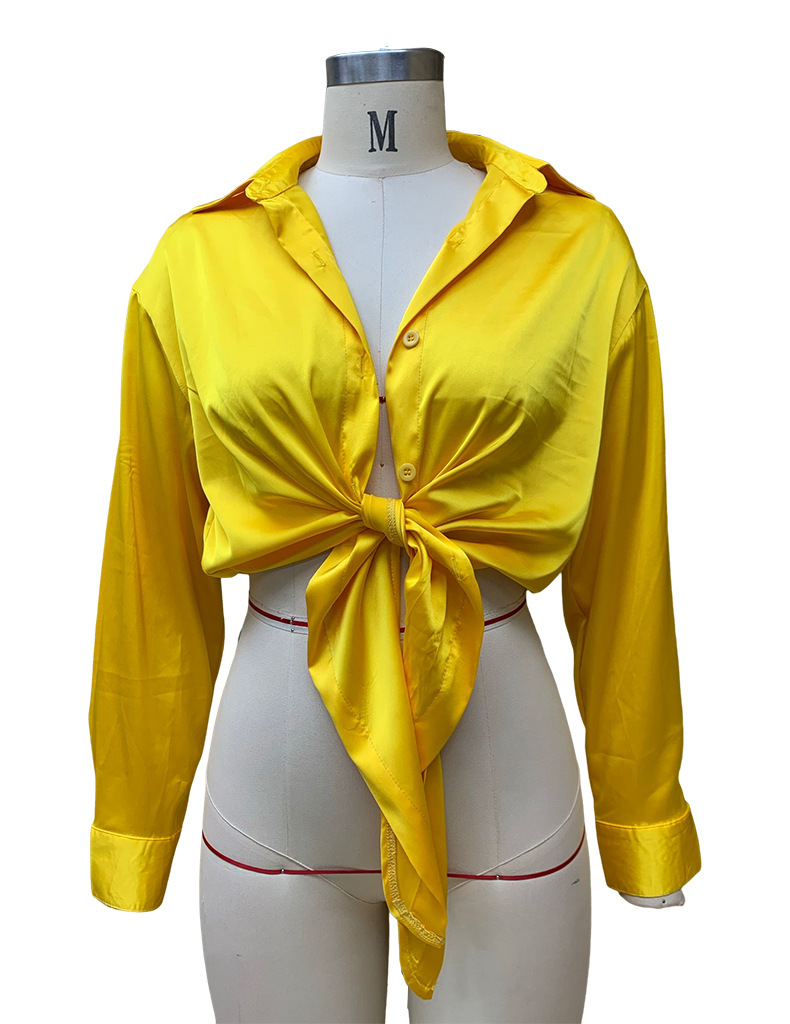 Top da donna a maniche lunghe con collo a polo in raso di seta casual dal temperamento solido_voghion.com