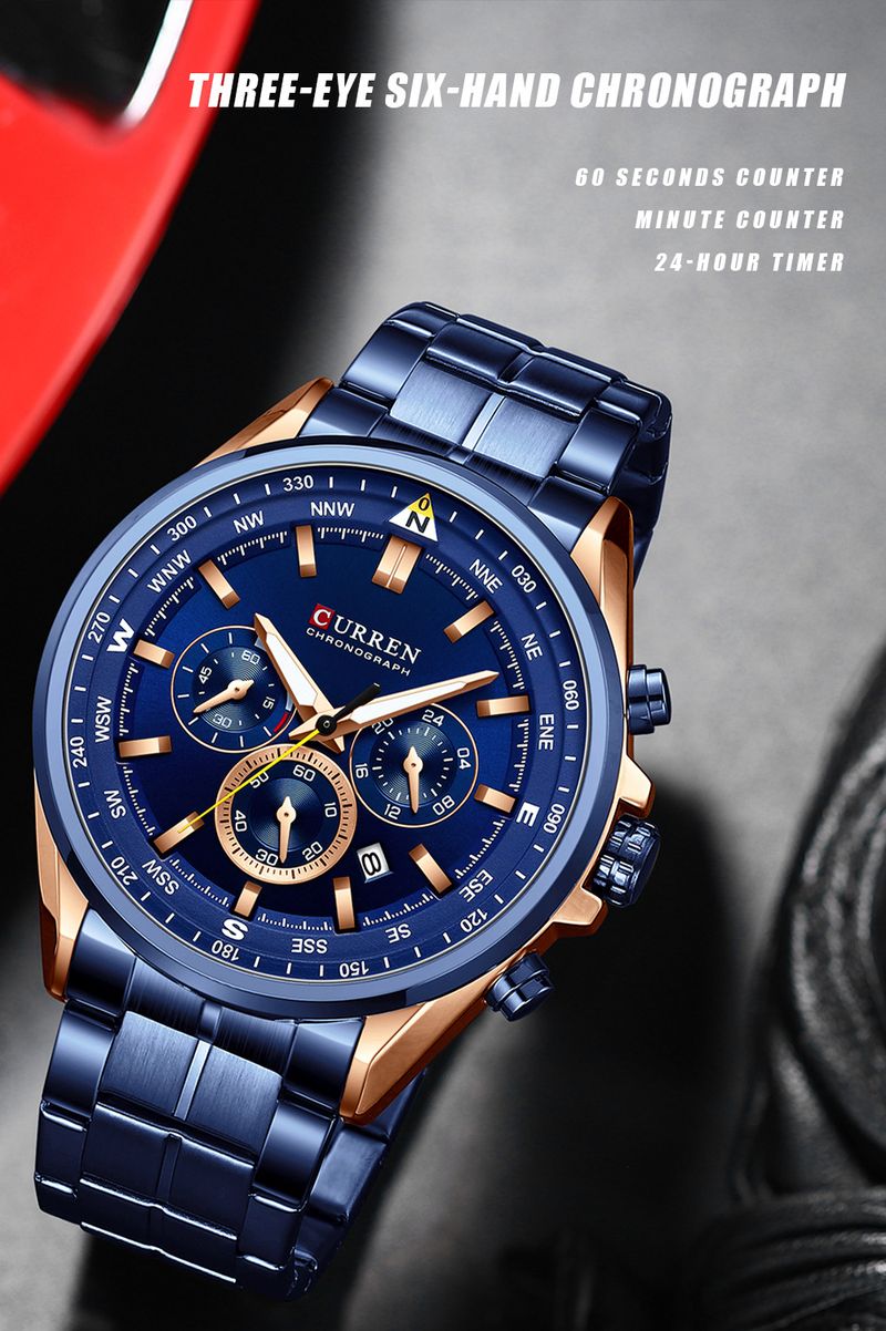 Orologio da uomo al quarzo in acciaio inossidabile con datario, orologio da polso analogico multifunzionale a 6 lancette, orologio casual da lavoro_voghion.com