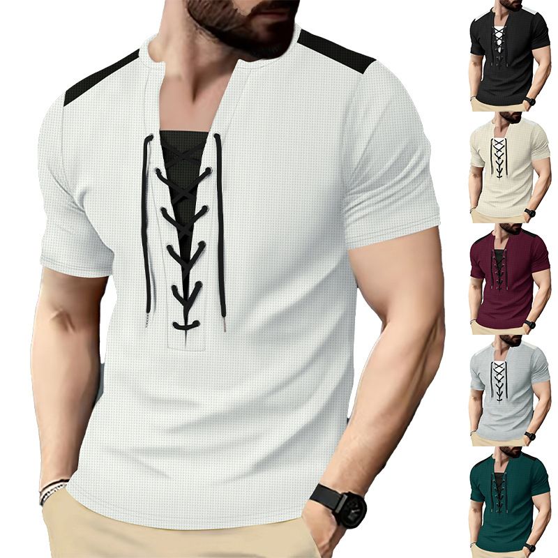 New Men's Waffle Knit Versatile Casual Color Block Patchwork Drawstring Round Neck Short Sleeve T-Shirt Top_voghion.com