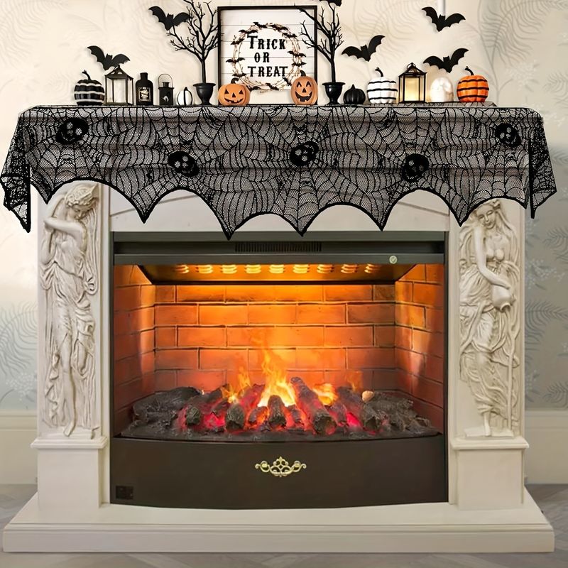 Halloween black spider web mantel cloth fire towel fireplace towel_voghion.com