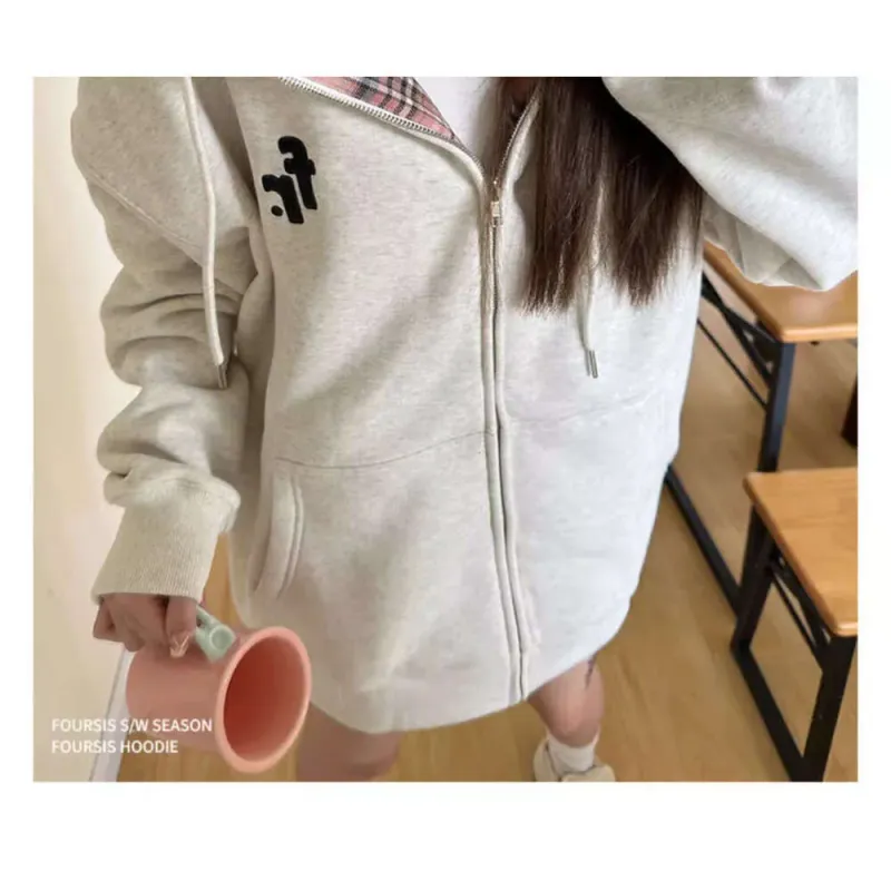 Dongdaemun White And Gray Color-Block Zipper Hoodie Korean Style Loose Casual Versatile Design Hooded Cardigan_voghion.com