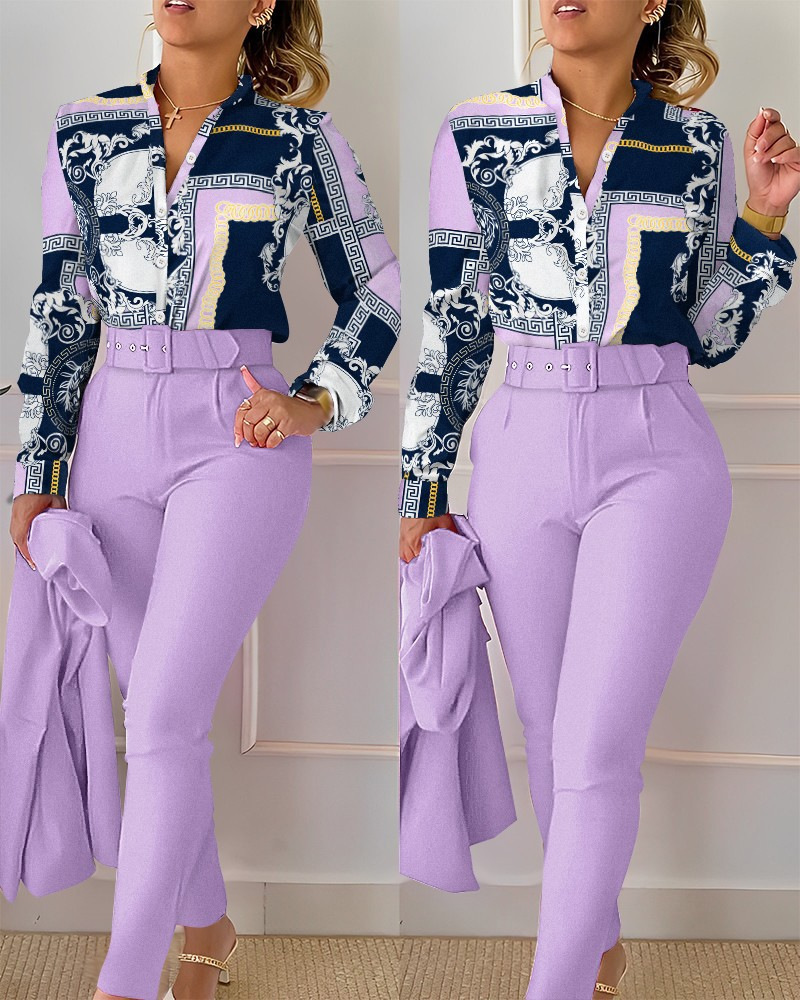 Damenmode-Modedruck-Langarmoberteil einfarbiges Hosenset mit Gürtel_voghion.com