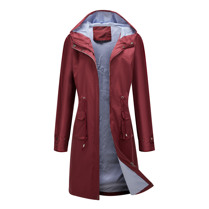 Trench casual da donna K Long con cappuccio, impermeabile, tinta unita con fodera a righe, cappotto dritto._voghion.com